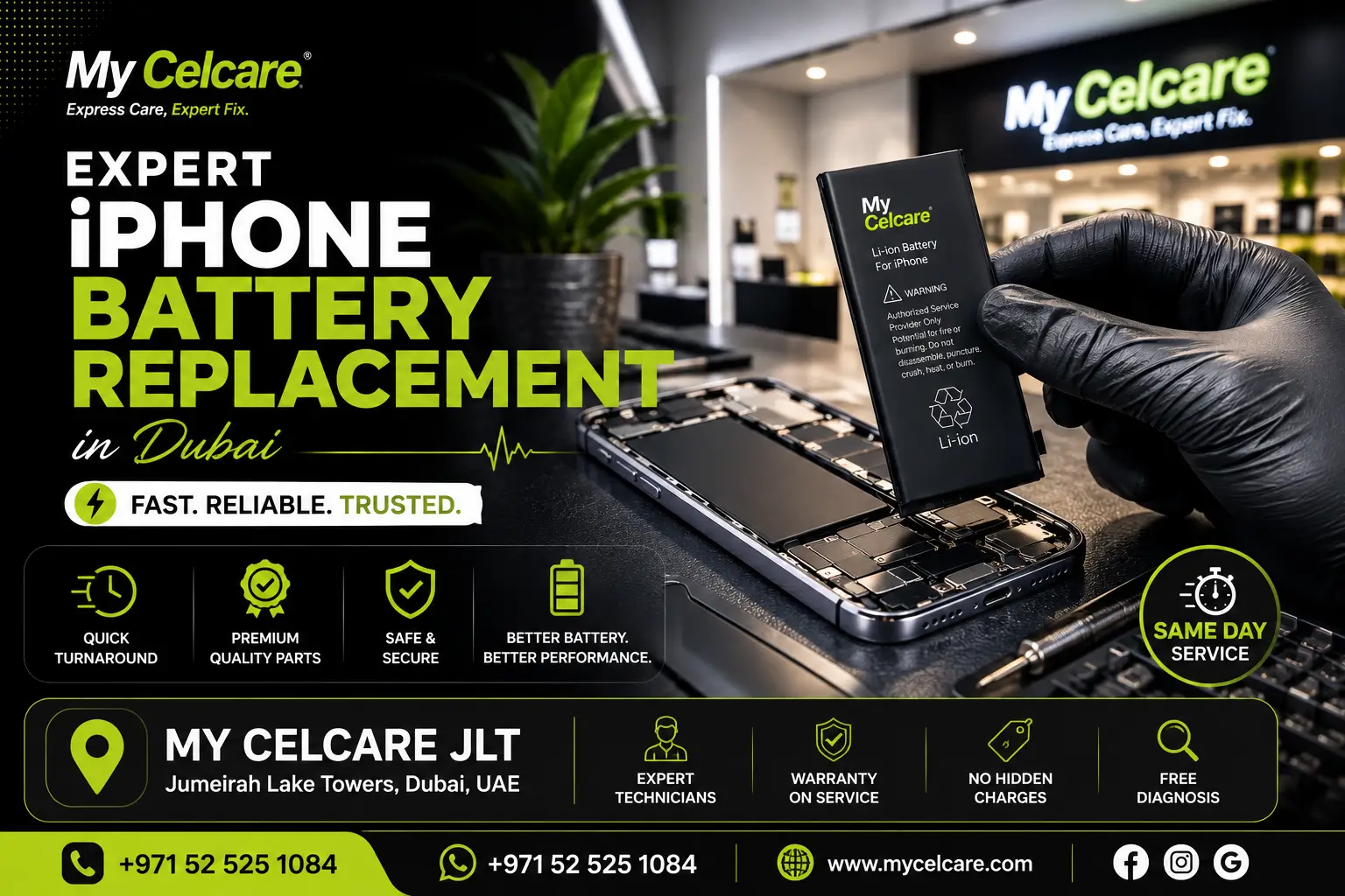 Expert iPhone battery replacement in Dubai at My Celcare JLT — technician fitting a Li-ion iPhone battery, with same-day service, warranty and free diagnosis