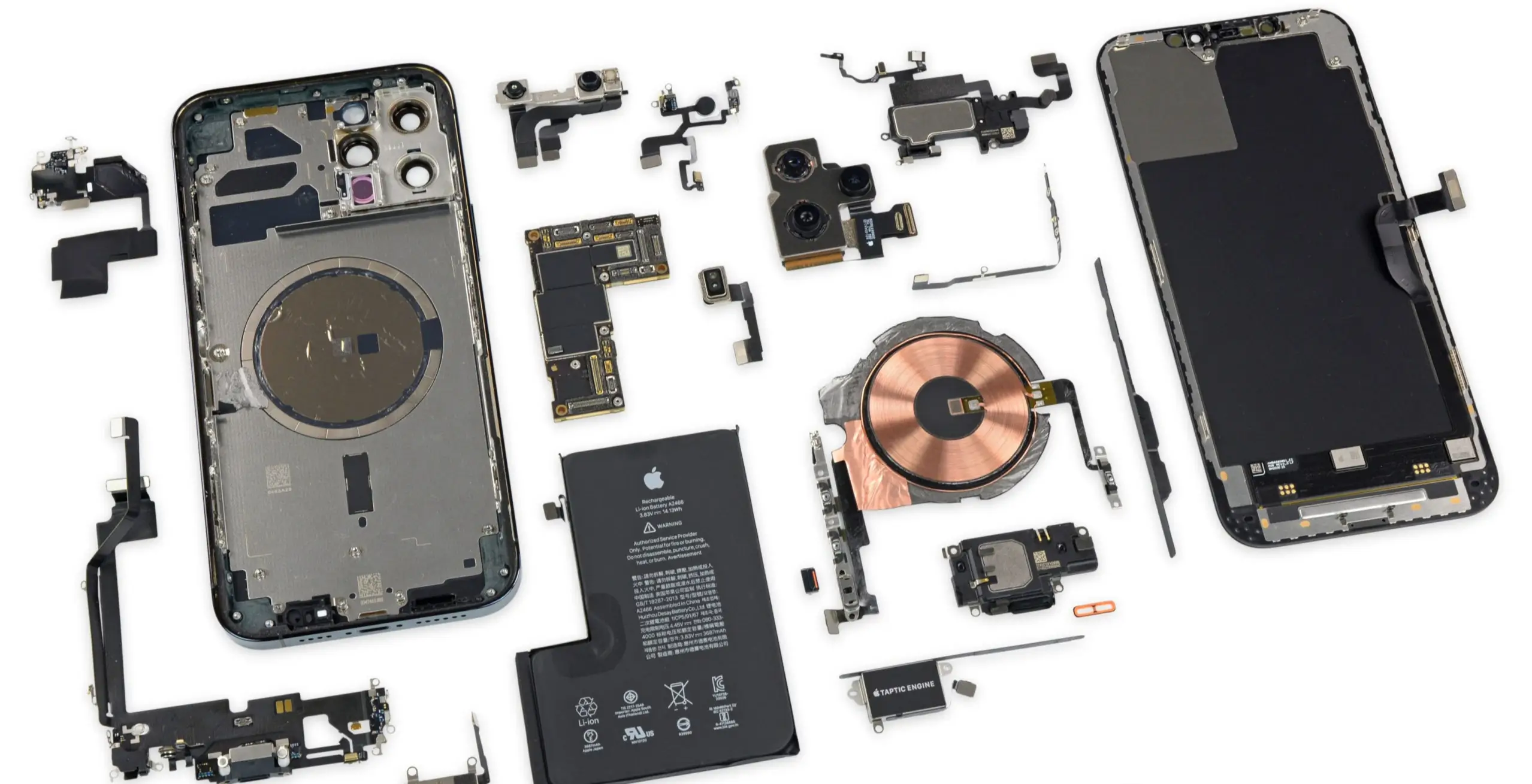 Diagram of components hidden behind iPhone back glass - MagSafe ring, wireless charging coil, NFC antenna, 5G antennas, camera module and thermal layer