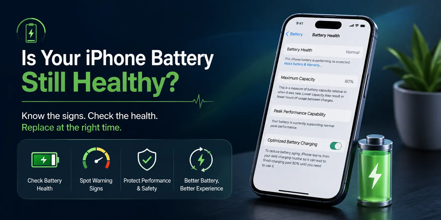 iPhone Battery Health settings screen showing Maximum Capacity at 80% with Peak Performance Capability normal — is your iPhone battery still healthy?