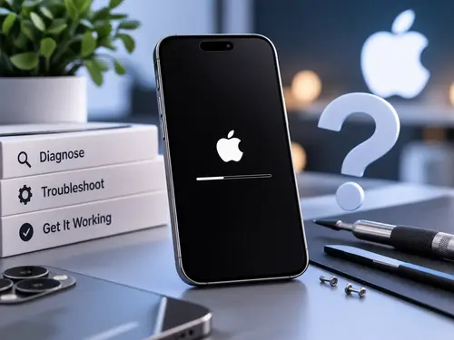 iPhone stuck on the Apple logo with a loading bar, beside diagnose and troubleshoot steps
