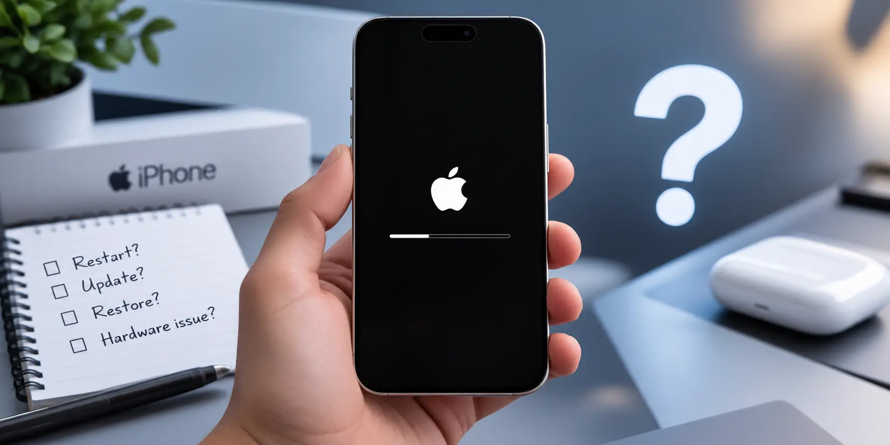 iPhone stuck on the Apple logo with a progress bar, beside a checklist asking restart, update, restore or hardware issue