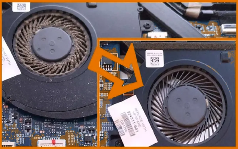 Dust buildup inside a laptop fan and heat sink causing overheating