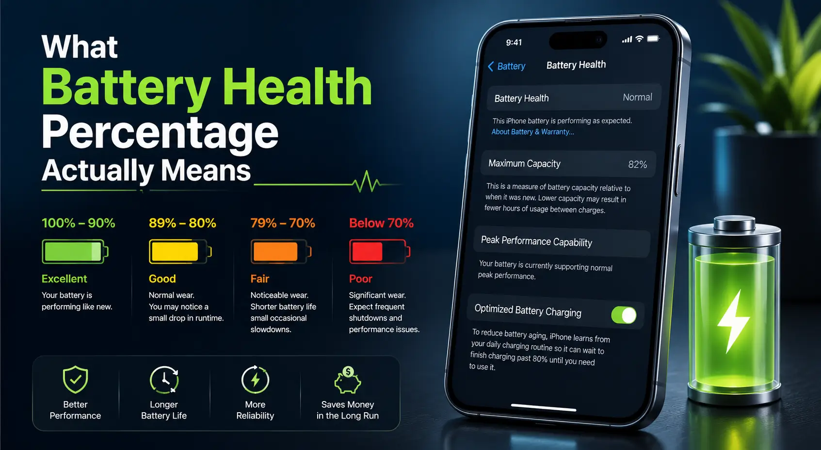 What battery health percentage actually means — iPhone Battery Health screen at 82% maximum capacity, with bands from 100-90% excellent down to below 70% poor